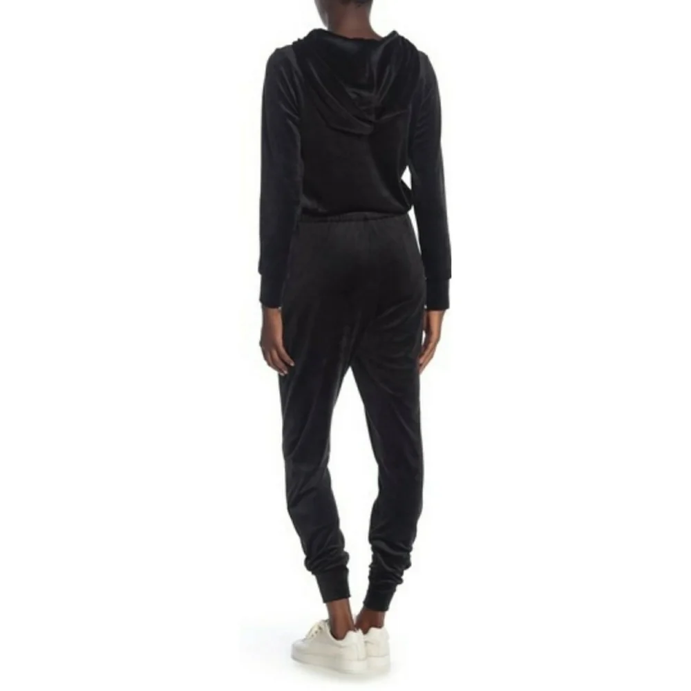 GOOD AMERICAN // ltd ed black velour long sleeve hooded full zip jumpsuit